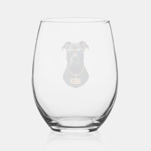 Vintage Cool Pitbull in Sunglasses with Gold Chain Stemless Wine Glass