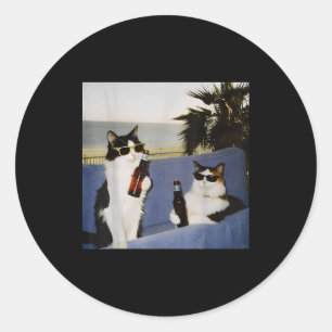 Vintage Cool Sungles Cat Drinking Beer Cat Meme Ca Classic Round Sticker