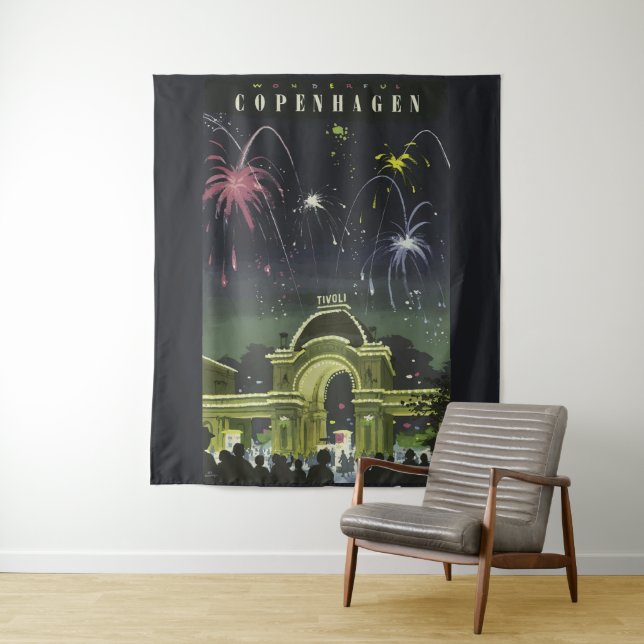 Vintage Copenhagen Illustration Travel Poster Tapestry (In Situ)