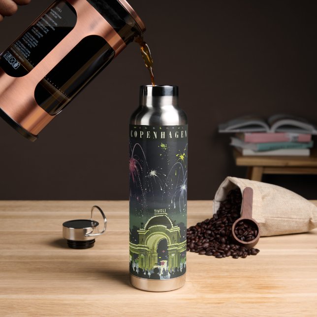 Vintage Copenhagen Illustration Travel Poster Water Bottle (Coffee)