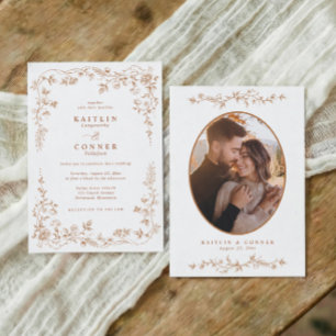 Vintage Copper Orange French Floral Wedding Photo Invitation