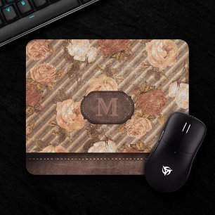 Vintage Copper Spice Rose   Rustic Floral Monogram Mouse Mat