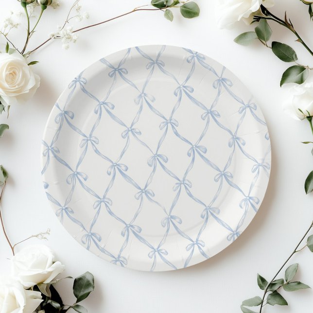 Vintage  Coquette aesthetic Blue Bow French  Paper Plate (Creator Uploaded)