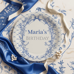 Vintage Coquette Blue Bow floral birthday Paper Plate