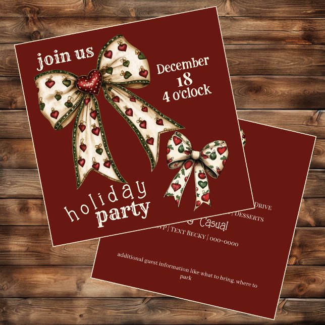 Vintage Coquette Bow Holiday Invitation  (Cute vintage bows on fully customizable holiday party invitations)