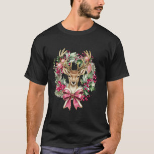 Vintage Coquette Bow Pink Reindeer Wreath Christma T-Shirt