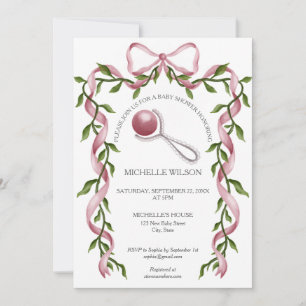 Vintage Coquette Greenery Pink Bow Baby Girl Invitation