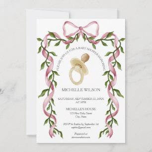 Vintage Coquette Greenery Pink Bow Pacifier Invitation