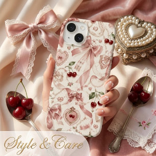 Vintage Coquette Pink Bow & Cherry Aesthetic Case-Mate iPhone 14 Case