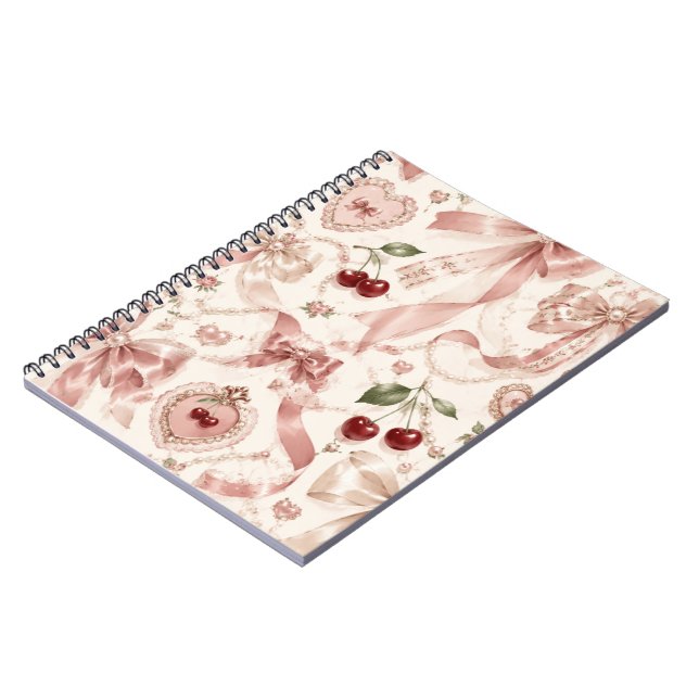 Vintage Coquette Pink Bow & Cherry Aesthetic Notebook (Left Side)