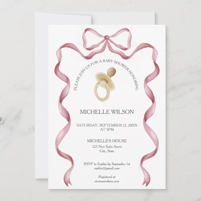 Vintage Coquette Pink Ribbon Bow Baby Girl Invitation (Front)