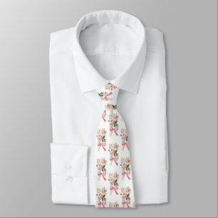 Vintage Coquette Watercolor Pink Rose & Bow Patter Tie