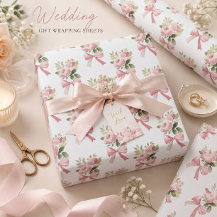 Vintage Coquette Watercolor Pink Rose & Bow Patter Wrapping Paper Sheet