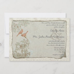 Vintage Coral Birds Damask Wedding Invitations