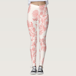 Vintage Coral Floral Toile Pattern Elegant Leggings