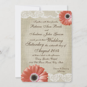 Vintage Coral Gerbera Daisy and Lace Wedding Invitation