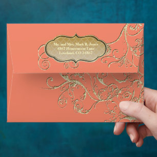 Vintage Coral Gold Swirl Wedding Envelopes