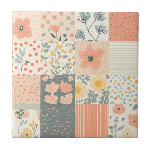 Vintage Coral Peach Sage Floral Patchwork Tile