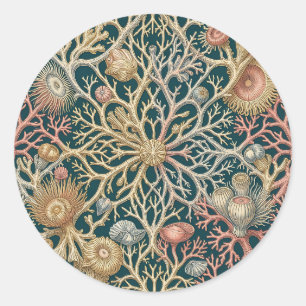 Vintage Coral Reef Teal Scientific Pattern Classic Round Sticker