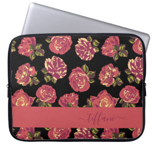 Vintage Coral Rose Garden Black Editable Name Laptop Sleeve