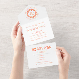 Vintage coral rose wreath on white wedding all in one invitation