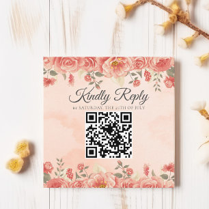 Vintage Coral Roses QR Code Budget Wedding RSVP Enclosure Card