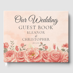 Vintage Coral Roses Watercolor Wedding Guest Book