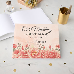 Vintage Coral Roses Watercolor Wedding Guest Book