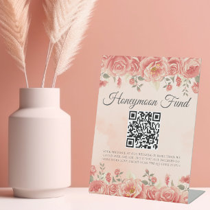 Vintage Coral Roses Wedding Honeymoon Fund QR Code Pedestal Sign