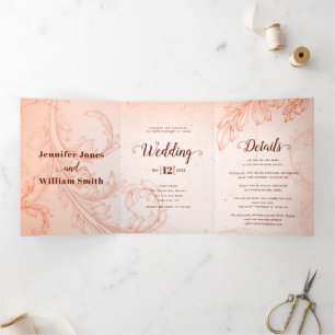 Vintage coral scroll leaf flourish wedding Tri-Fold invitation
