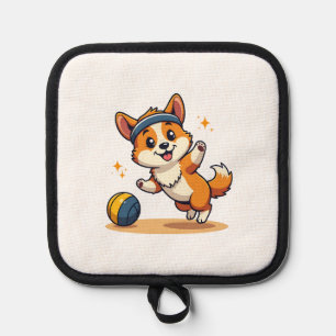 Vintage Corgi Volleyball Dog Vector Illustration S Pot Holder
