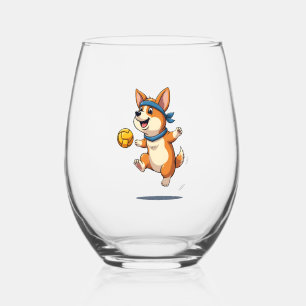 Vintage Corgi Volleyball Illustration Cute Dog Ath Stemless Wine Glass