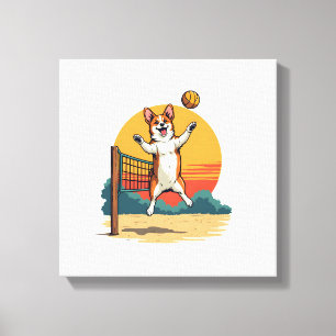 Vintage Corgi Volleyball Retro Sunset Vector Illus Canvas Print