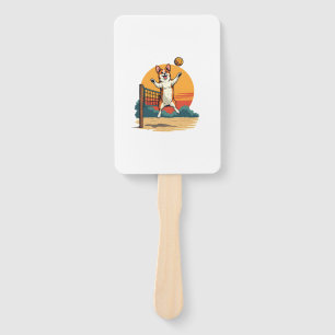 Vintage Corgi Volleyball Retro Sunset Vector Illus Hand Fan