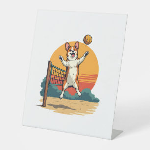 Vintage Corgi Volleyball Retro Sunset Vector Illus Pedestal Sign