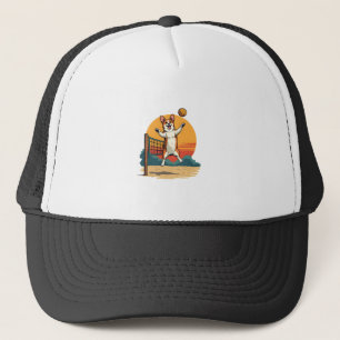 Vintage Corgi Volleyball Retro Sunset Vector Illus Trucker Hat