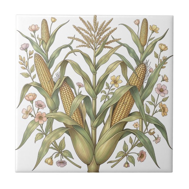 Vintage Corn Stalk Botanical Tile (Front)