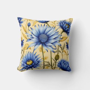 Vintage Cornflower Blue and Yellow Floral Cushion