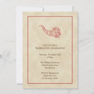 Vintage cornucopia fruits red frame Thanksgiving Invitation