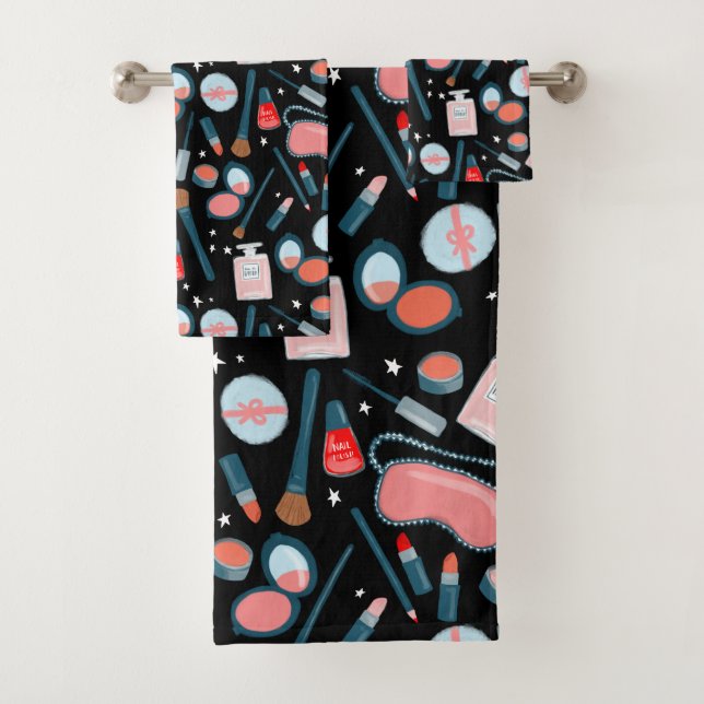 Vintage cosmetics beauty makeup black bath towel set (Insitu)
