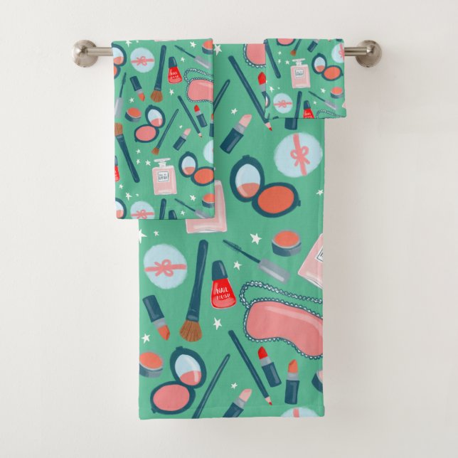 Vintage cosmetics beauty makeup pink green bath towel set (Insitu)