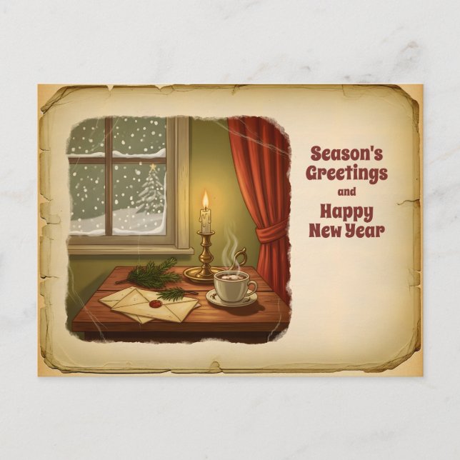 Vintage Cosy Winter Postcard – Season’s Greetings  (Front)