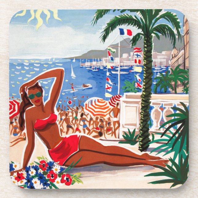 Vintage Cote D'Azur Beach Girl Coaster (Front)