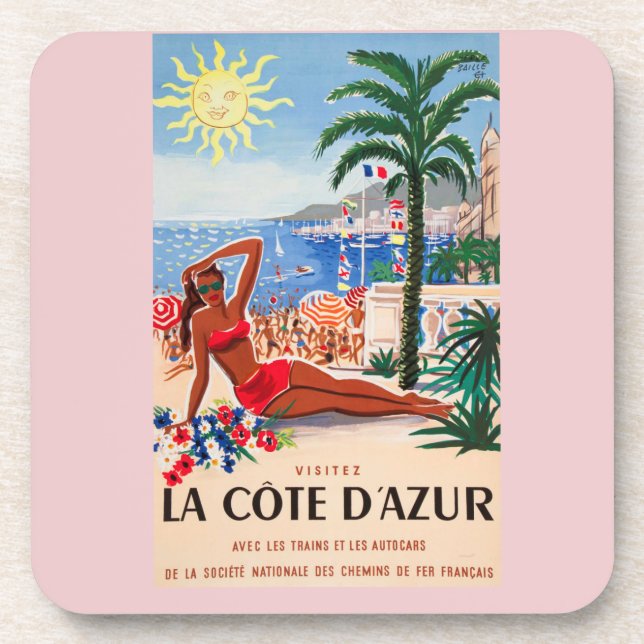Vintage Cote D'Azur Beach Girl Coaster (Front)