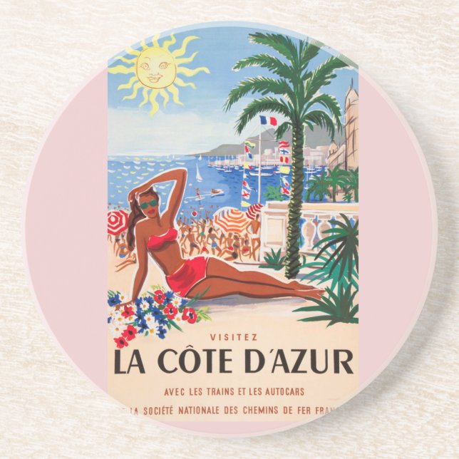 Vintage Cote D'Azur Beach Girl Coaster (Front)