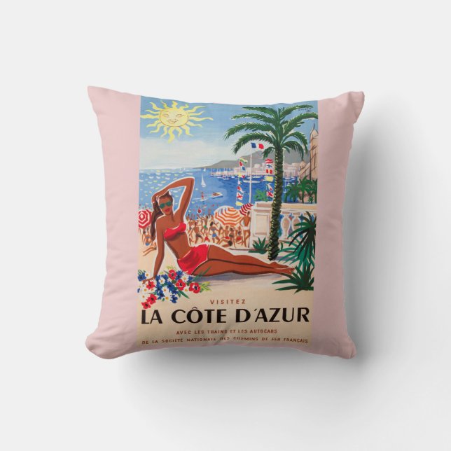Vintage Cote D'Azur Beach Girl Cushion (Front)