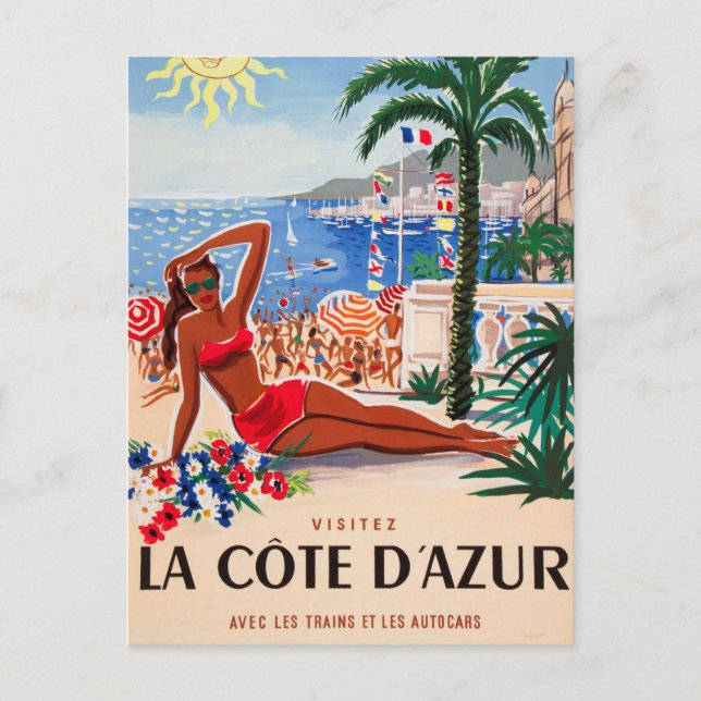 Vintage Cote D'Azur Beach Girl Invitation Postcard (Front)