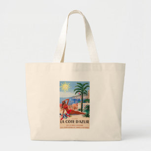 Vintage Cote D'Azur Beach Girl Large Tote Bag