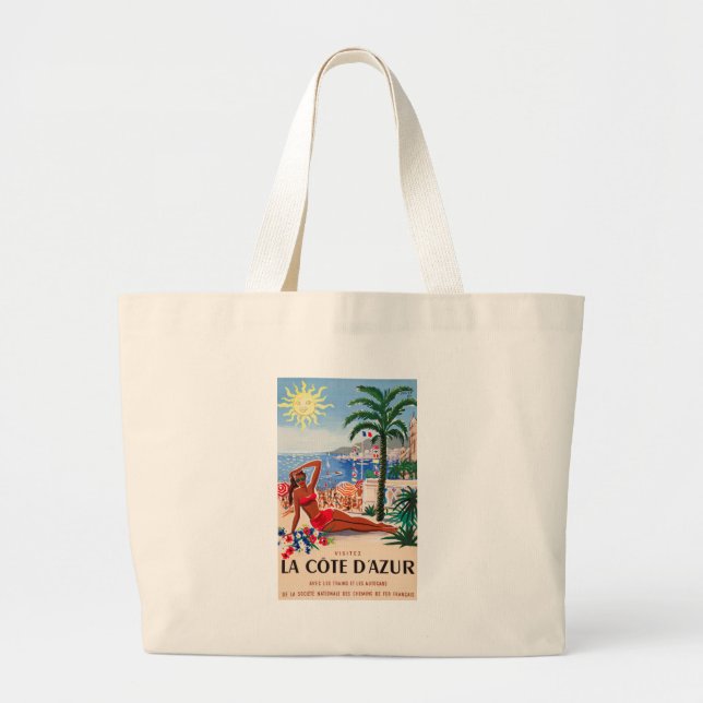Vintage Cote D'Azur Beach Girl Large Tote Bag (Front)