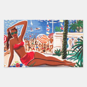Vintage Cote D'Azur Beach Girl Rectangular Sticker